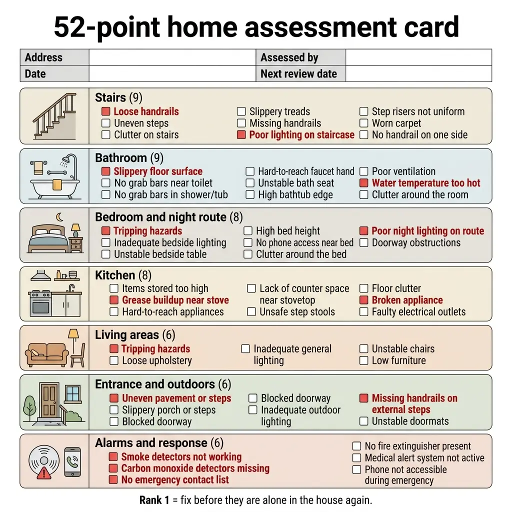 A 52-point home safety assessment card showing checkboxes for hazards across seven areas: stairs, bathroom, bedroom, kitchen, living areas, entrance, and alarms, with red-highlighted critical issues requiring immediate attention.