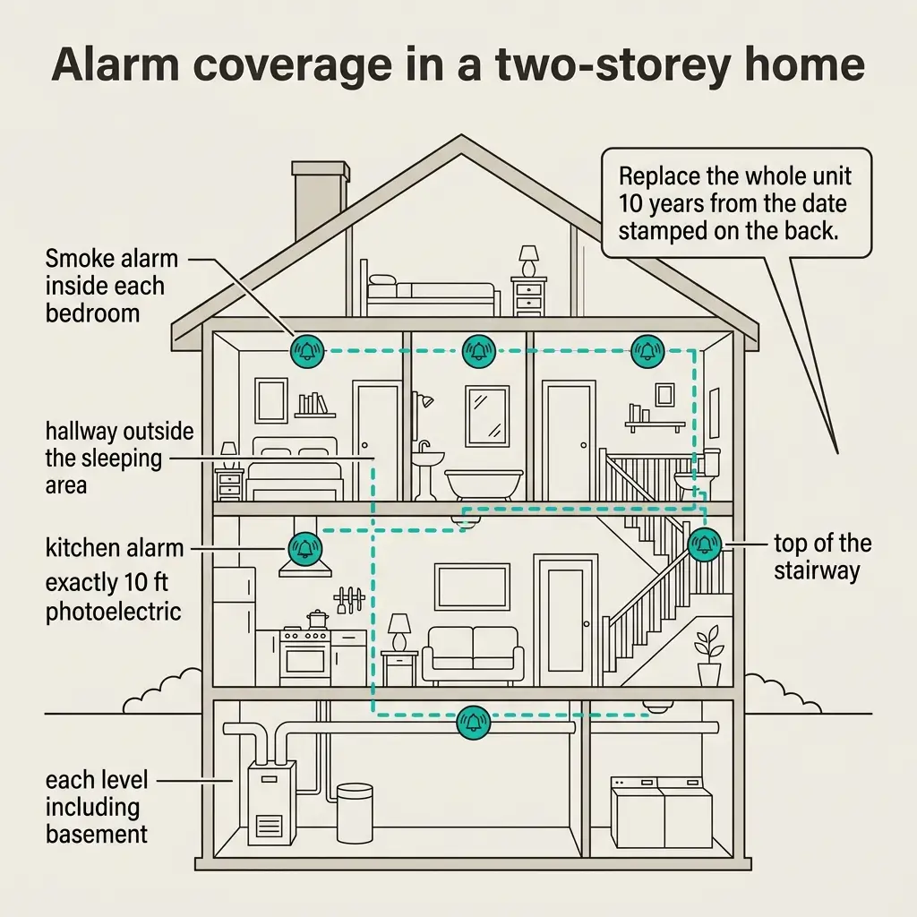 Cross-section diagram of a two-storey home showing recommended alarm placement locations including smoke alarms in bedrooms, hallway outside sleeping area, kitchen photoelectric alarm, top of stairway, and basement level alarms.