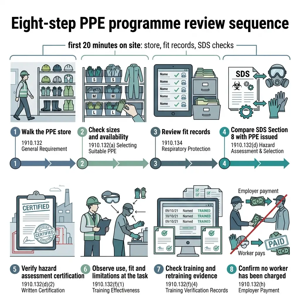 Eight-step PPE programme review sequence showing worker safety checks from store inspection through hazard assessment, training verification, and employer payment confirmation.