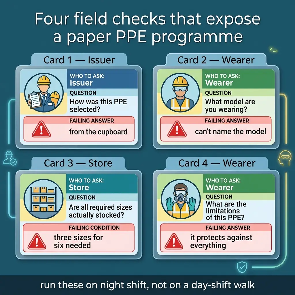 Infographic showing four field checks to audit PPE programs, with cards for issuer, wearer, store, and wearer roles, listing questions to ask and common failing answers that expose program weaknesses.
