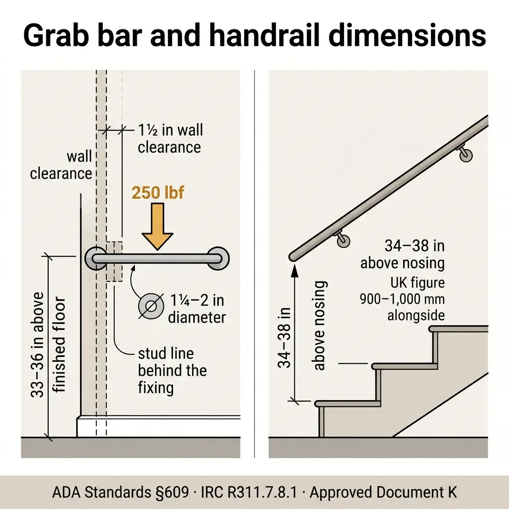 Technical diagrams showing grab bar and handrail installation specifications including diameter, height, wall clearance, and mounting requirements per ADA standards and IRC building codes.