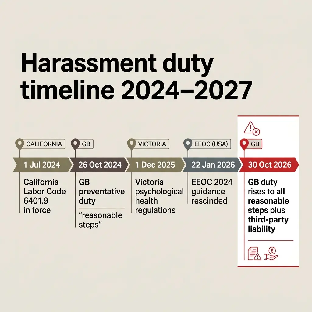 Timeline showing harassment duty regulatory changes across California, GB, Victoria, and EEOC from July 2024 to October 2026, culminating in expanded GB employer liability requirements.