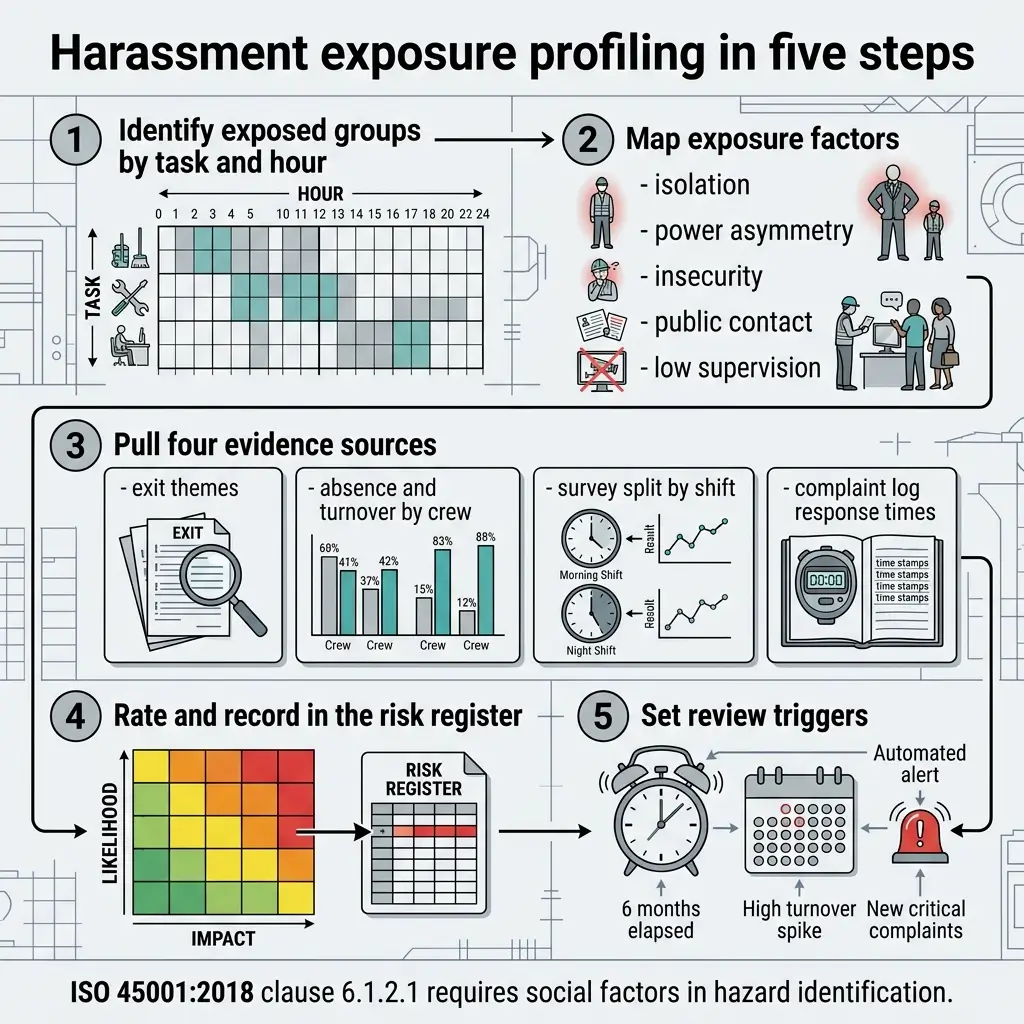 Infographic showing five-step process for identifying and managing workplace harassment exposure, including task mapping, evidence collection, risk assessment, and automated monitoring triggers.