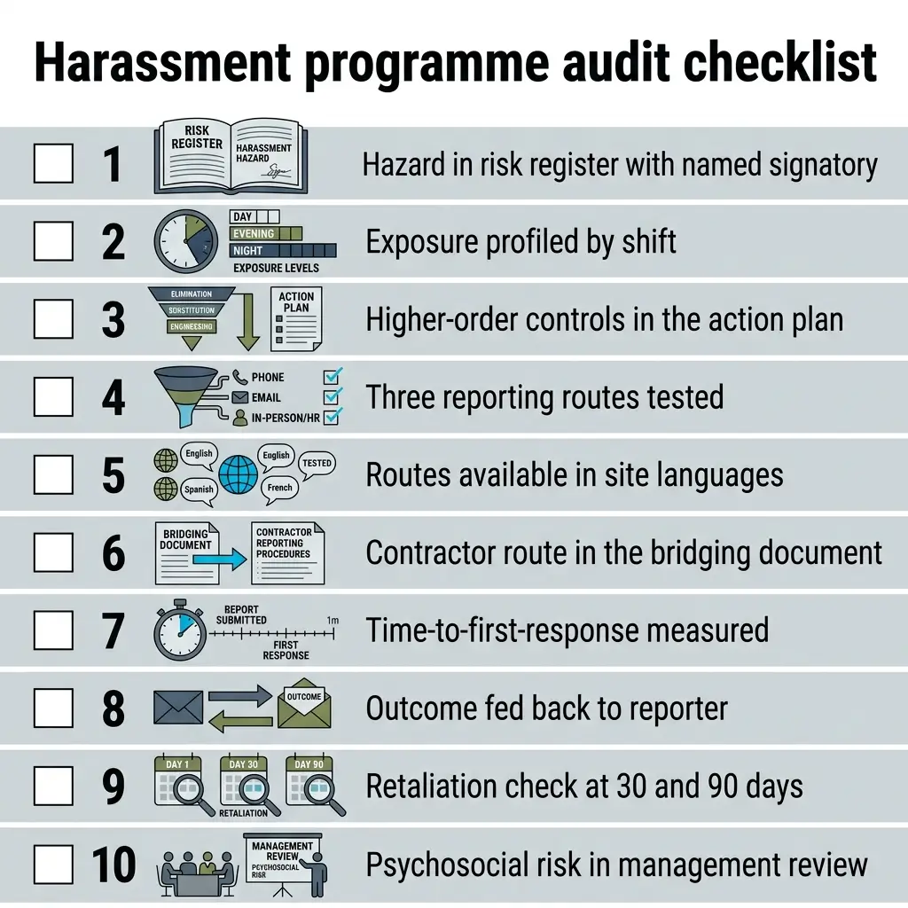 A 10-item harassment programme audit checklist with icons and descriptions covering risk registers, exposure profiling, controls, reporting routes, languages, contractor procedures, response times, feedback, retaliation checks, and psychosocial risk management.