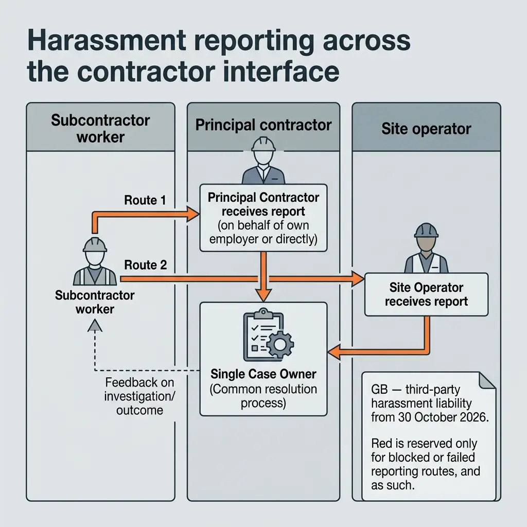 Diagram showing harassment reporting procedures across contractor interfaces, with subcontractor workers reporting through principal contractors or site operators using a single case owner resolution process.