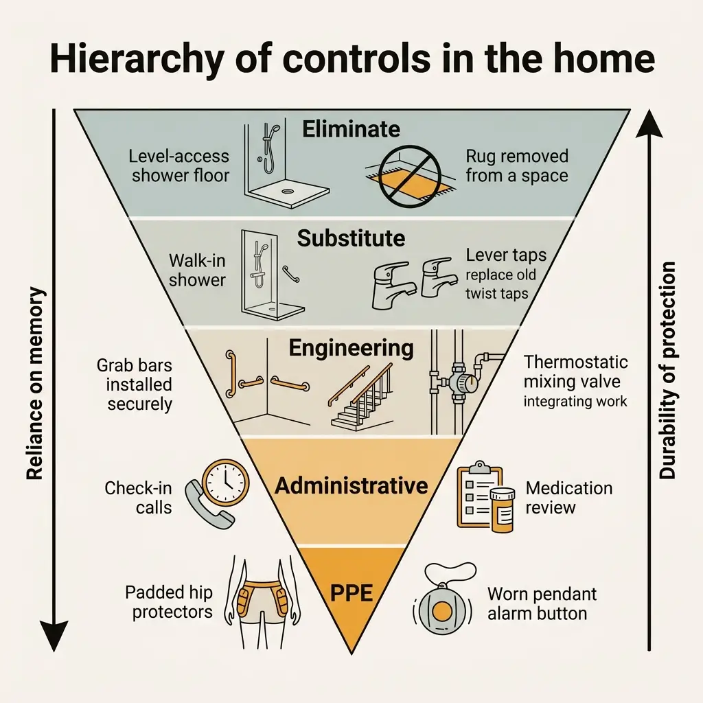 Inverted pyramid diagram showing hierarchy of fall prevention controls in home settings, from elimination at top through substitute, engineering, administrative, and PPE at base, with examples and protection durability indicators.
