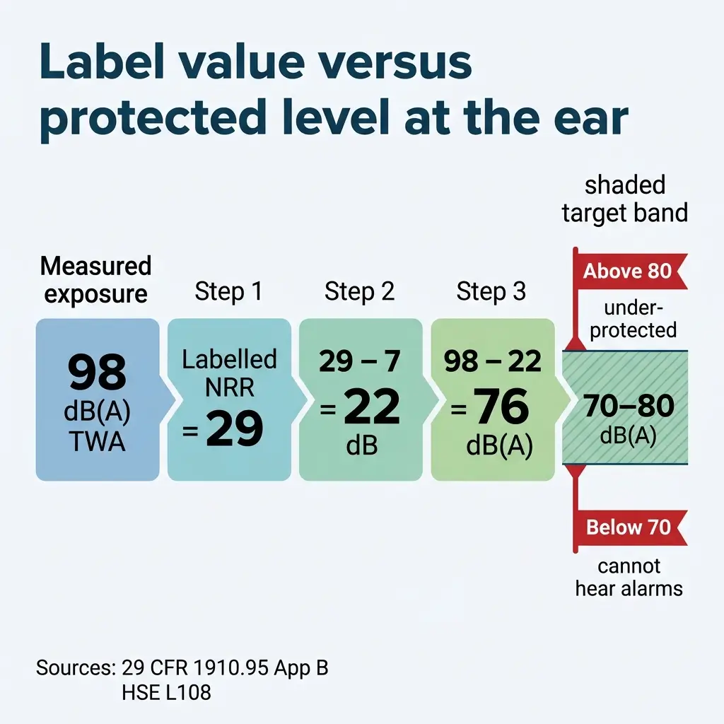 Infographic showing how noise exposure is calculated to determine protected hearing levels, with steps from 98 dB measured exposure down to 76 dB protected level, indicating whether hearing protection is adequate.