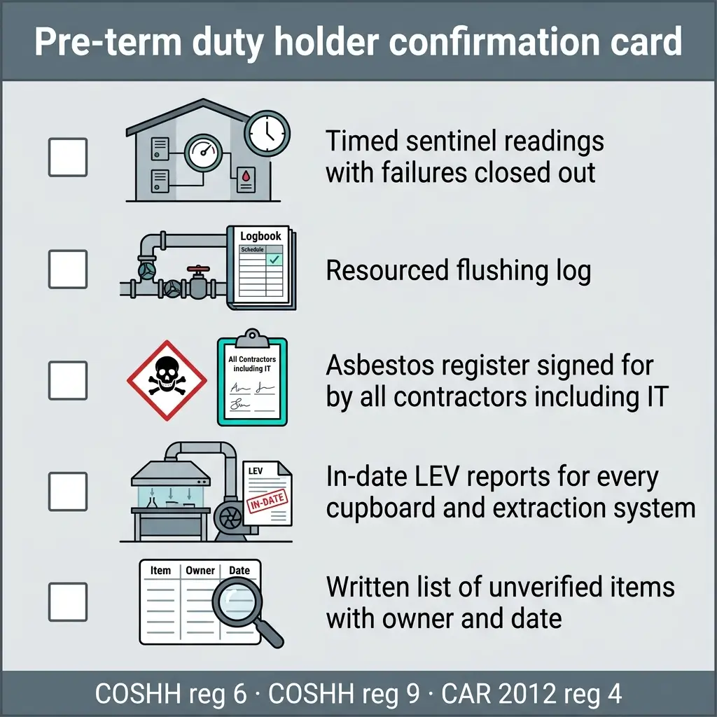 Checklist for pre-term duty holder confirmation showing five requirements: timed sentinel readings, flushing log, asbestos register signatures, LEV reports, and unverified items list, with regulatory references.
