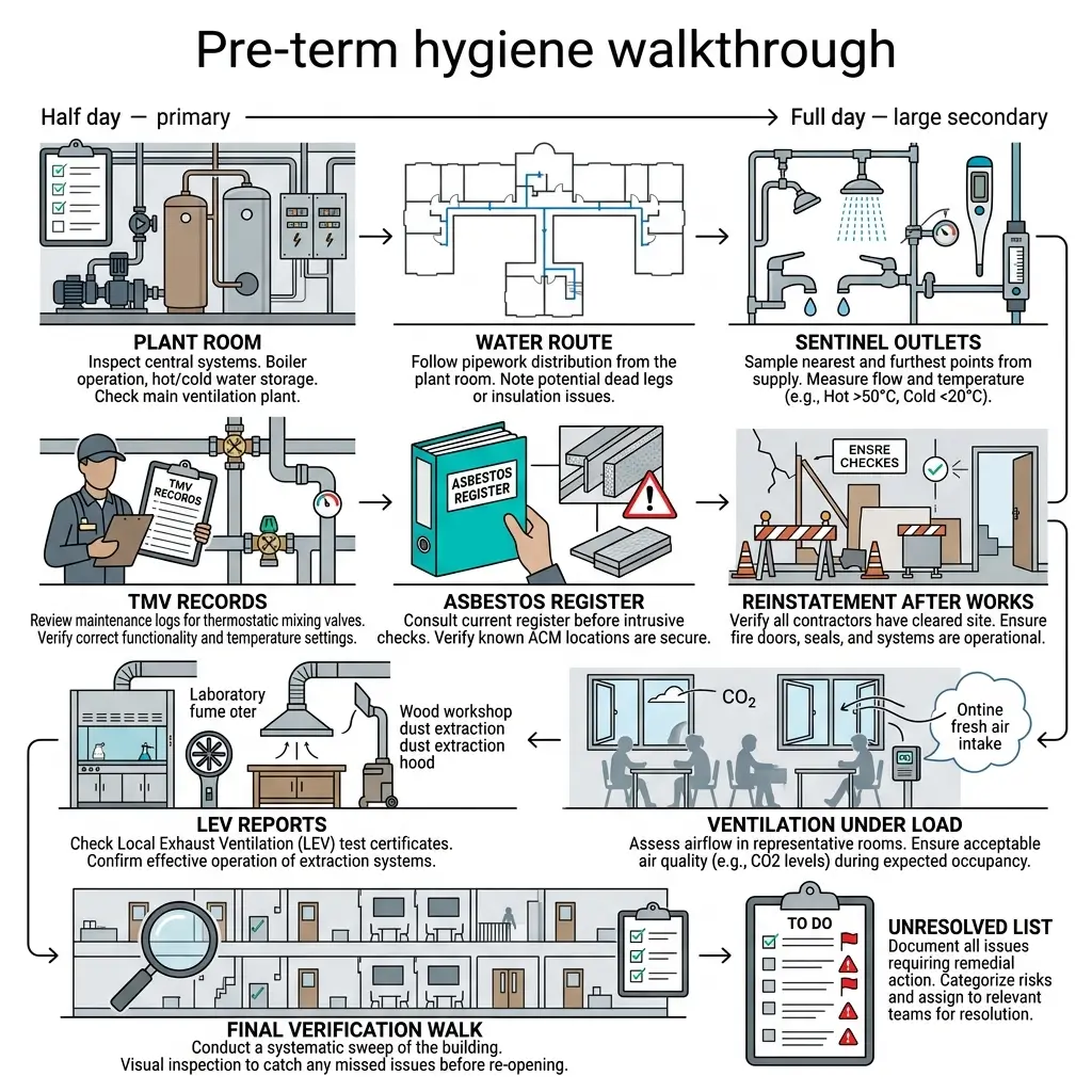 Illustrated flowchart showing pre-term hygiene walkthrough steps from half-day primary to full-day secondary schools, including plant room inspection, water routes, sentinel outlets, TMV records, asbestos registers, reinstatement verification, LEV reports, ventilation assessment, final verification walk, and unresolved issues documentation.