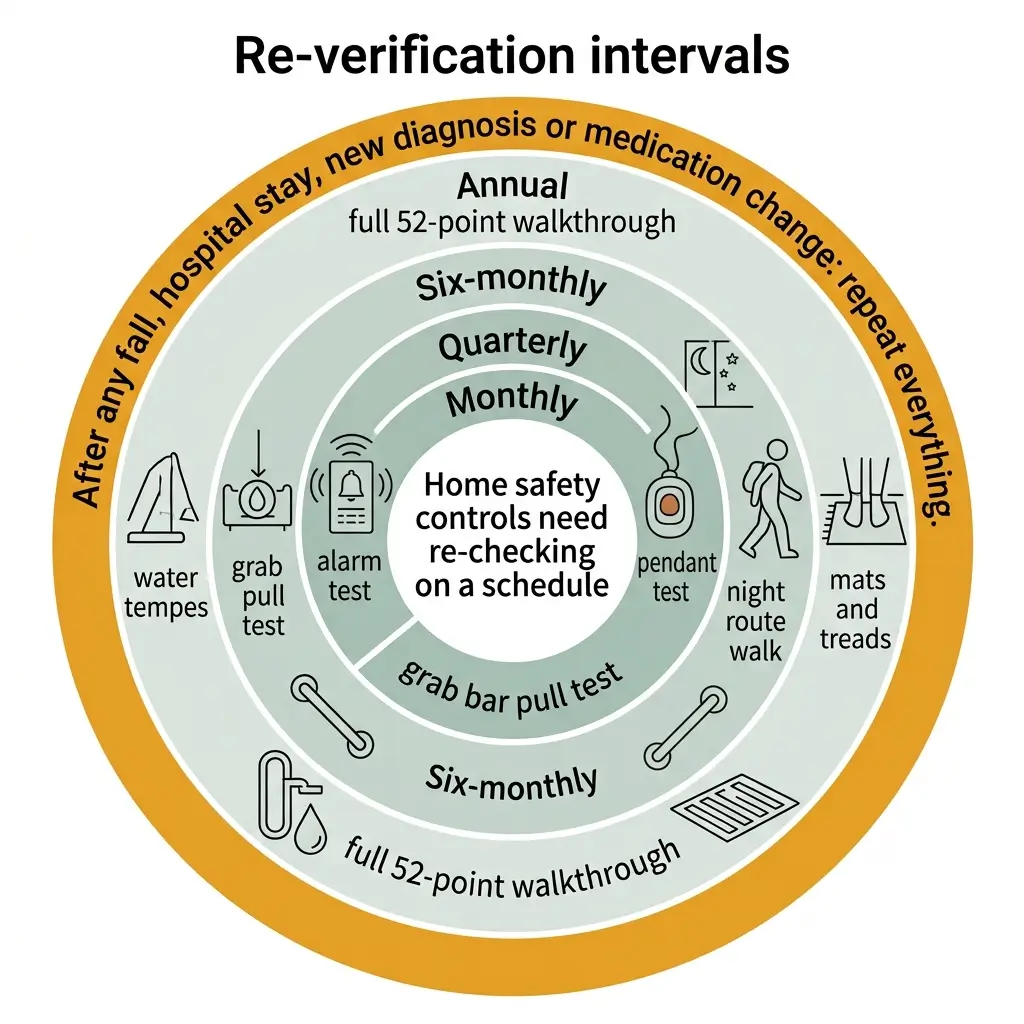 Concentric circles diagram showing home safety control re-verification schedules, from monthly alarm and grab pull tests at center to annual full 52-point walkthroughs at outer ring, with triggers for reset listed on orange border.