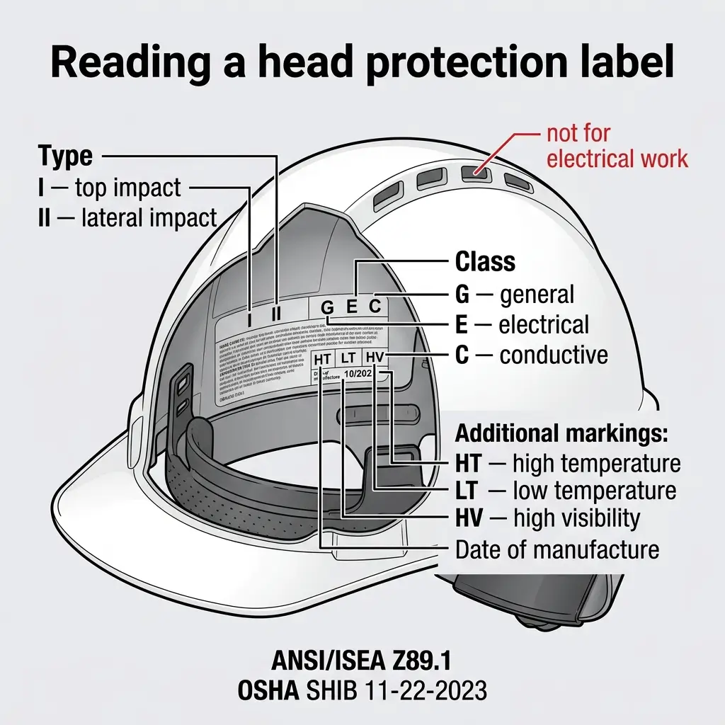 Diagram of a hard hat showing how to read safety labels, including Type I and II impact ratings, Class G/E/C designations, and additional markings for temperature and visibility according to ANSI/ISEA Z89.1 standards.