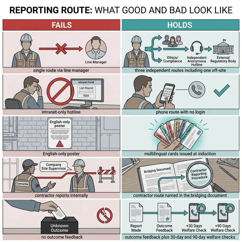 Infographic comparing good and bad practices for workplace incident reporting routes, showing failed approaches like single manager reporting and intranet-only hotlines versus recommended holds including multiple independent routes and outcome feedback with welfare checks.