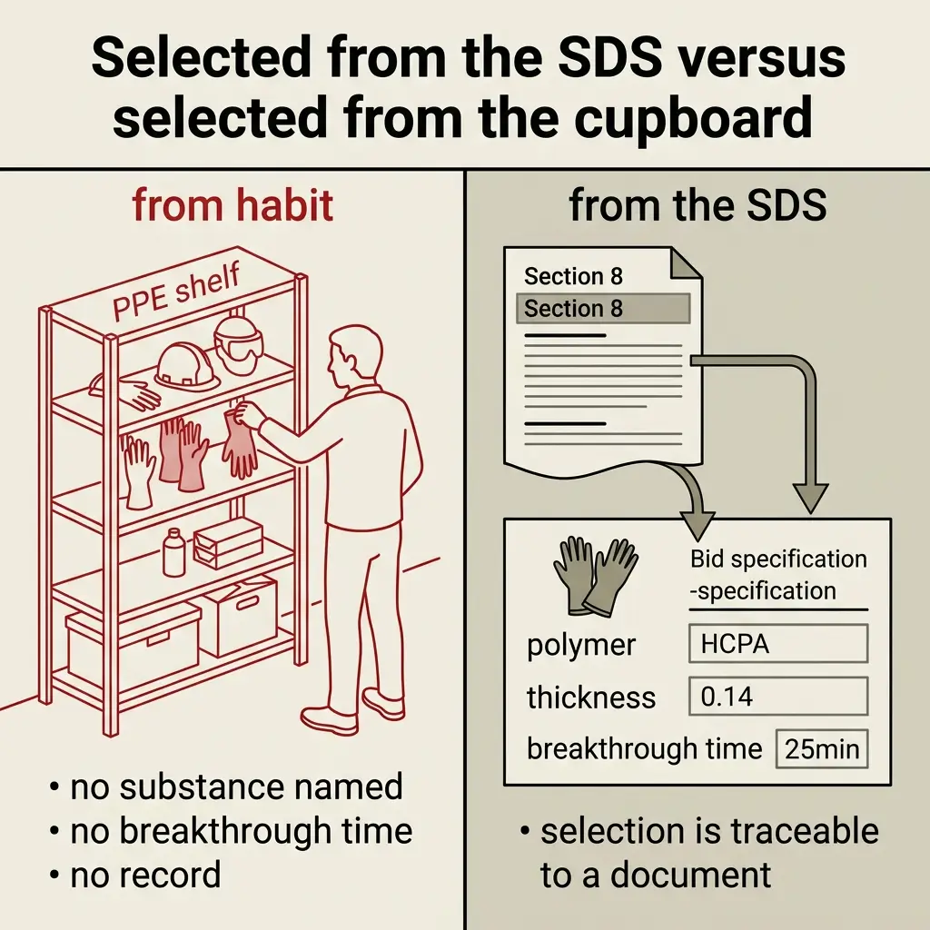Comparison chart showing PPE selection from cupboard by habit versus from Safety Data Sheet, highlighting risks of informal selection versus documented, traceable specifications.