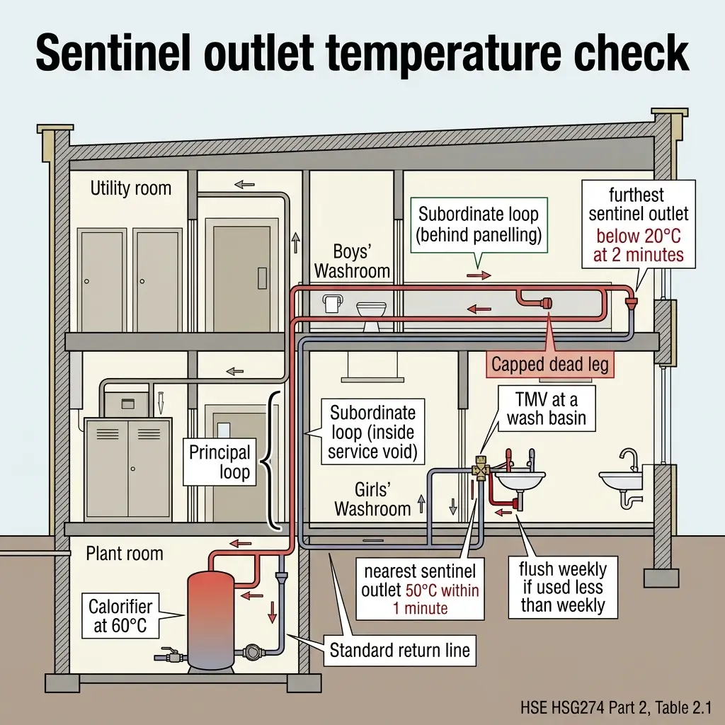 Schematic diagram of a building's hot water system showing the calorifier, principal loop, subordinate loops, and sentinel outlet temperature checkpoints in utility, plant, and washroom areas.