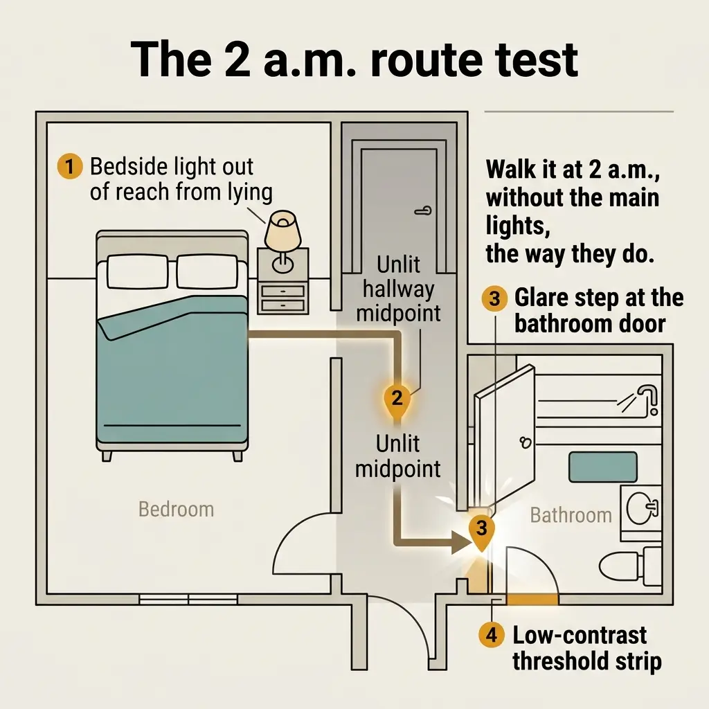 Floor plan illustration showing a 2 a.m. route test through a bedroom and bathroom, highlighting four safety features: bedside light placement, unlit midpoint markers, bathroom door glare step, and low-contrast threshold strip.