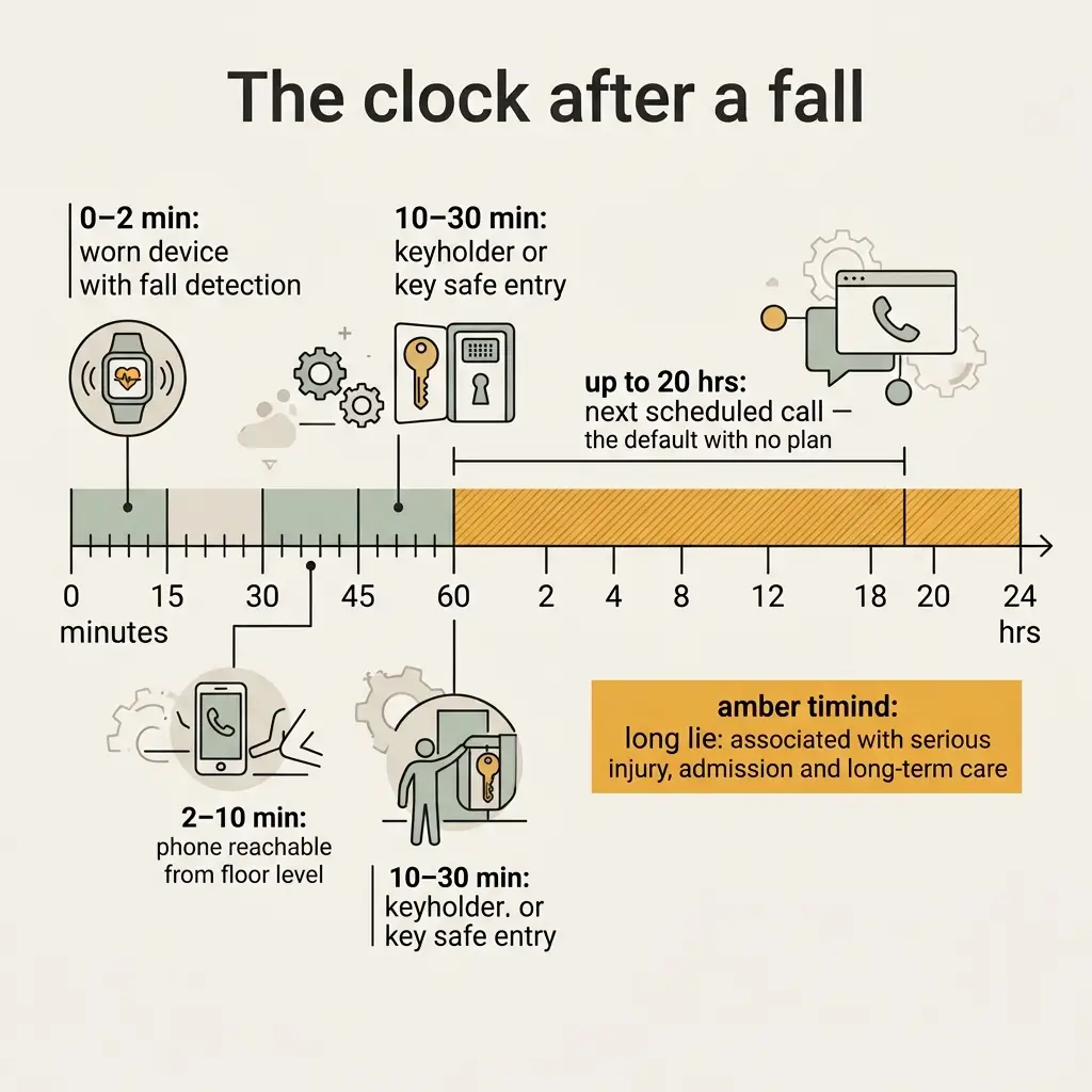 Timeline showing emergency response sequence after a fall, from initial detection by wearable device through phone accessibility, key entry options, and up to 20-hour window for scheduled call with amber timind warning about serious injury risks.