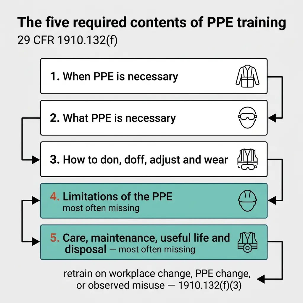Infographic showing five required contents of PPE training per 29 CFR 1910.132(f), including when PPE is necessary, what PPE is needed, donning and doffing procedures, limitations, and care and disposal, with items 4 and 5 highlighted as most often missing.