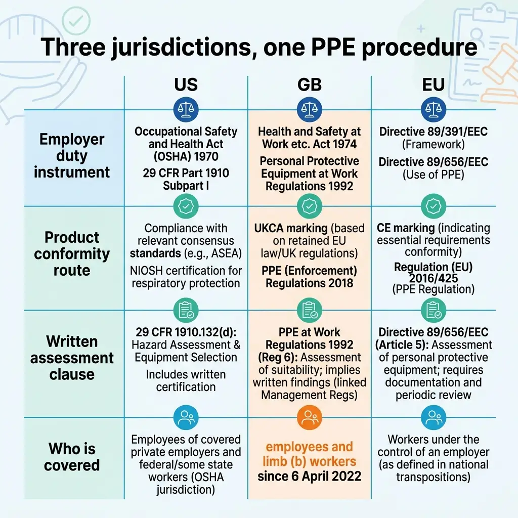 Comparison table showing PPE regulatory requirements across US, GB, and EU jurisdictions, covering employer duties, product conformity, written assessments, and worker coverage.