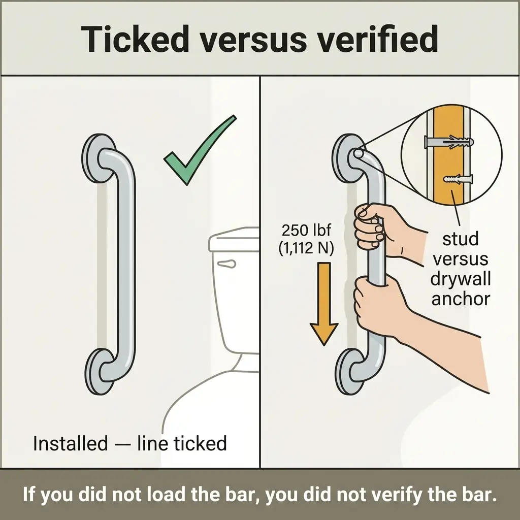 Diagram comparing ticked versus verified grab bar installation methods, showing proper verification with 250 lbf force test on studs versus drywall anchors, emphasizing importance of load testing.