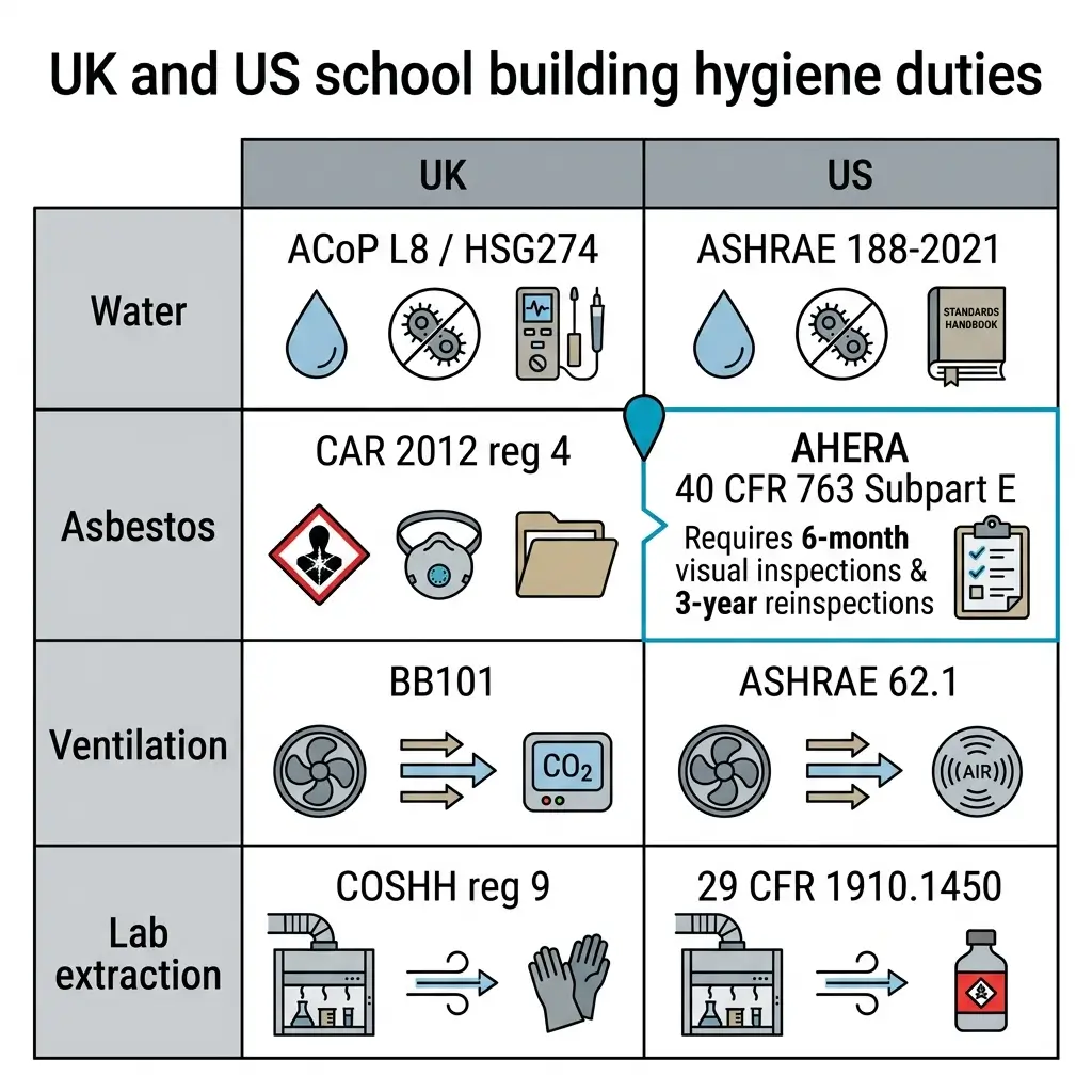 Comparison table of UK and US school building hygiene standards covering water quality, asbestos management, ventilation systems, and laboratory extraction requirements with their respective regulatory codes and compliance icons.