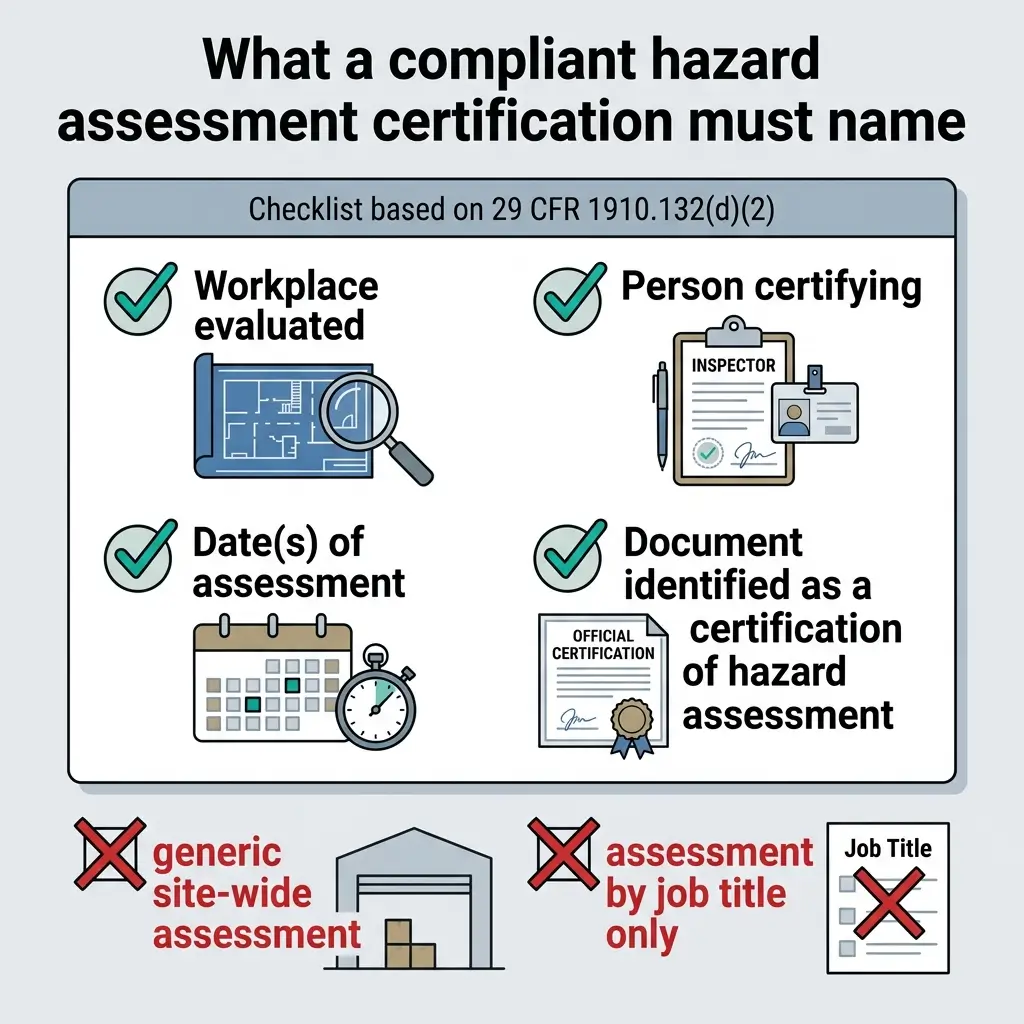 Infographic showing four required elements for compliant hazard assessment certification under 29 CFR 1910.132(d)(2): workplace evaluated, person certifying, dates of assessment, and document identification, with warnings against generic site-wide or job-title-only assessments.