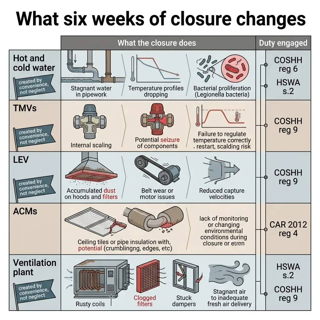 Infographic showing how six weeks of building closure affects hot and cold water, TMVs, LEV, ACMs, and ventilation plant systems, with associated safety regulations and duty requirements.