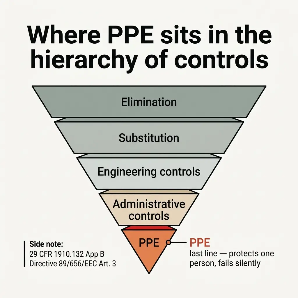 Hierarchy of controls pyramid showing PPE at the bottom as the last resort, with elimination, substitution, engineering controls, and administrative controls ranked above it as more effective safety measures.