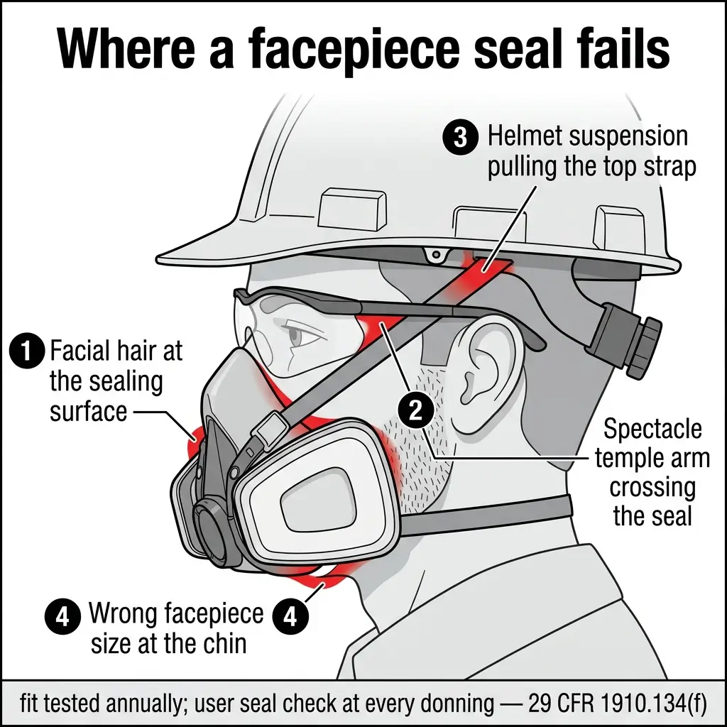 Diagram showing four common points where a respiratory facepiece seal fails on a protective helmet, including facial hair, spectacle temples, helmet suspension straps, and improper chin fit.