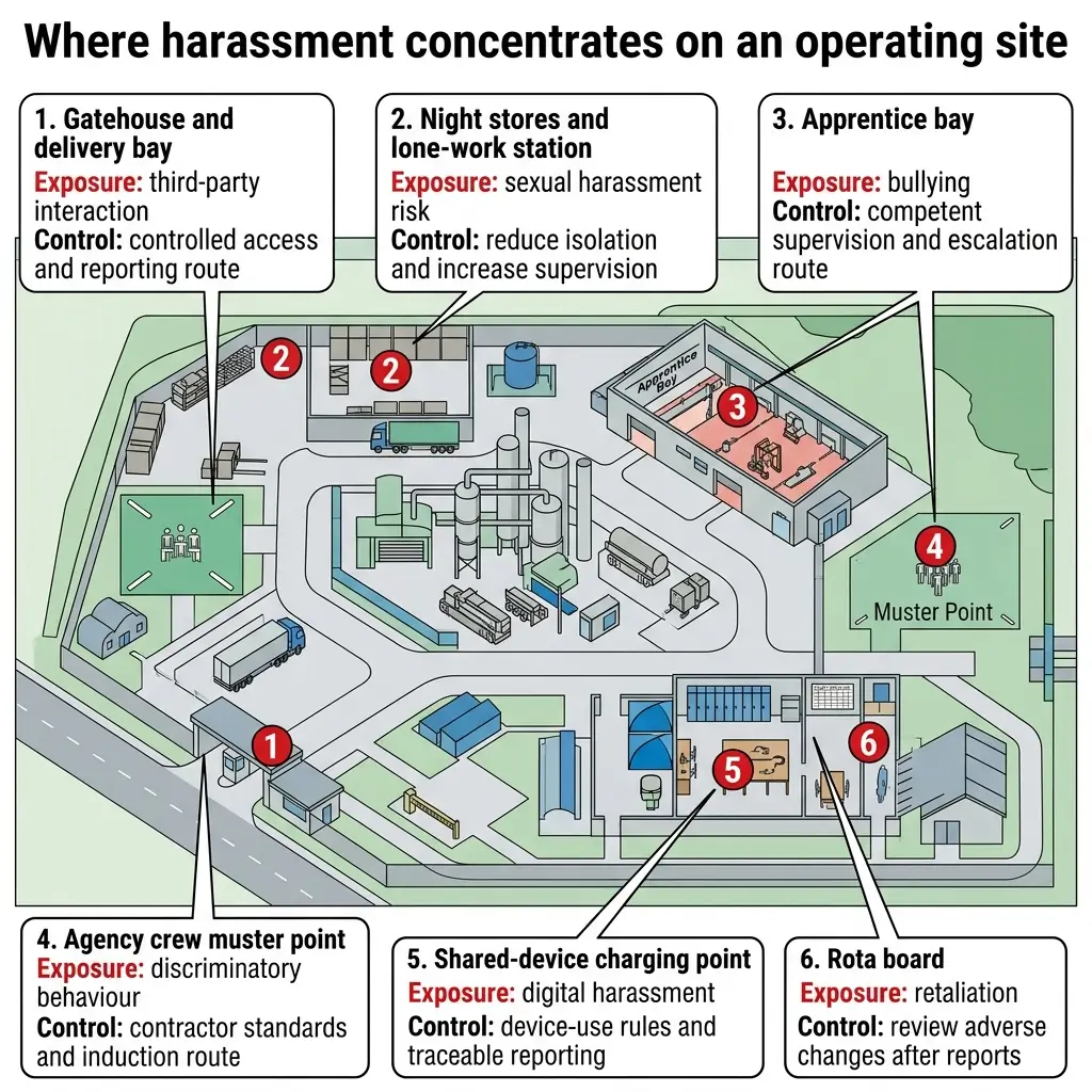 Isometric diagram of an operating site showing six numbered locations where workplace harassment concentrates, with exposure types and control measures labeled for each area including gatehouse, night stores, apprentice bay, muster point, charging station, and rota board.