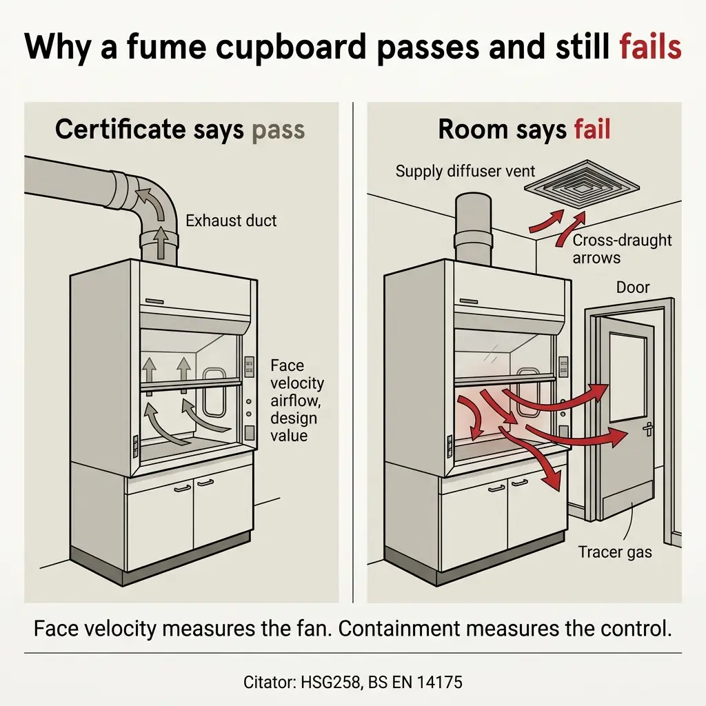 Diagram comparing a passing fume cupboard certificate with actual room failure, showing how face velocity testing differs from containment control, with cross-drafts and tracer gas demonstrating practical containment issues.