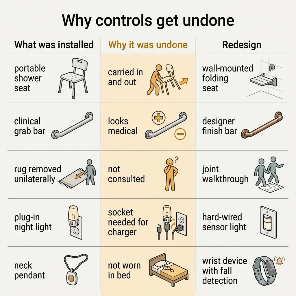 A three-column chart showing why bathroom safety modifications get removed, listing installed controls, reasons for removal, and recommended redesigns including grab bars, shower seats, and fall detection devices.