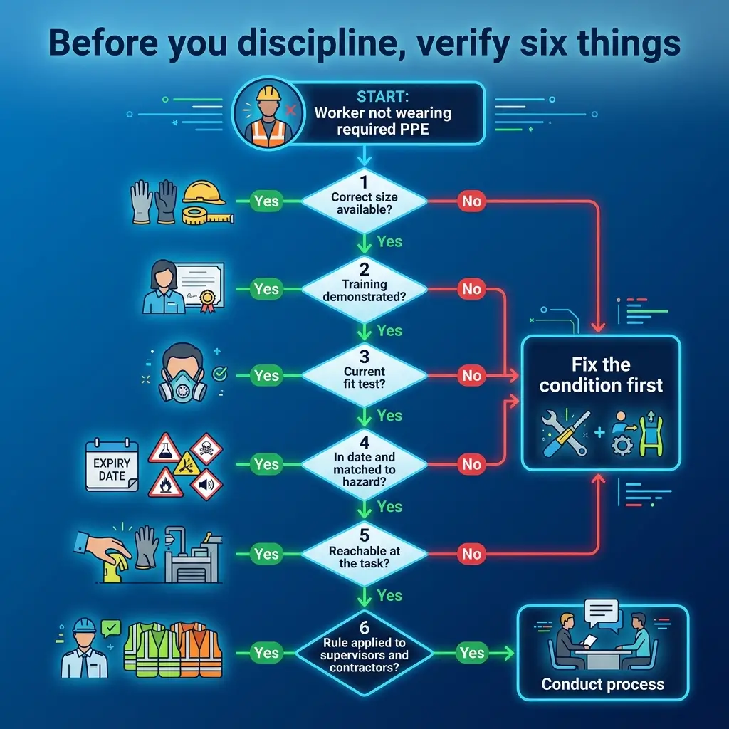 Flowchart showing six verification steps before disciplining a worker for not wearing required PPE, with decision points leading to either fixing conditions or conducting a disciplinary process.