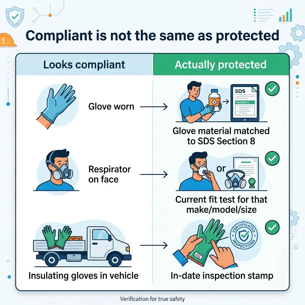 Infographic comparing compliance appearance versus actual safety protection, showing that wearing gloves, respirators, and having inspection stamps requires proper documentation and fit testing to be truly effective.