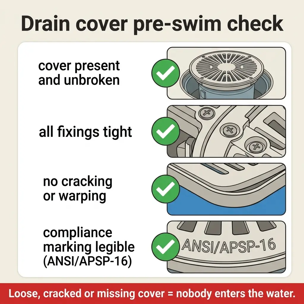 Checklist for drain cover safety before swimming, showing four inspection criteria with checkmarks: cover present and unbroken, all fixings tight, no cracking or warping, and ANSI/APSP-16 compliance marking legible.
