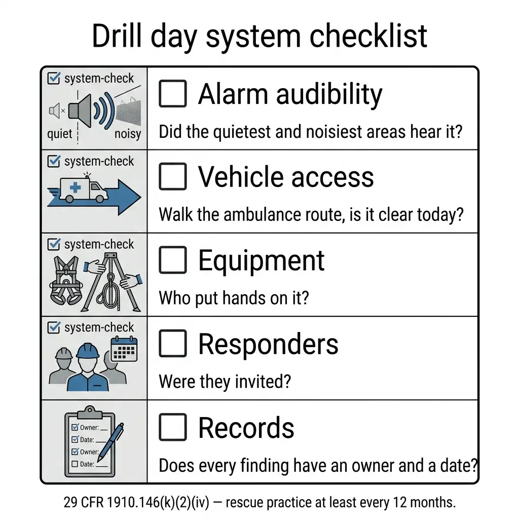 Drill day system checklist with five checkboxes covering alarm audibility, vehicle access, equipment inspection, responder notification, and record documentation requirements.