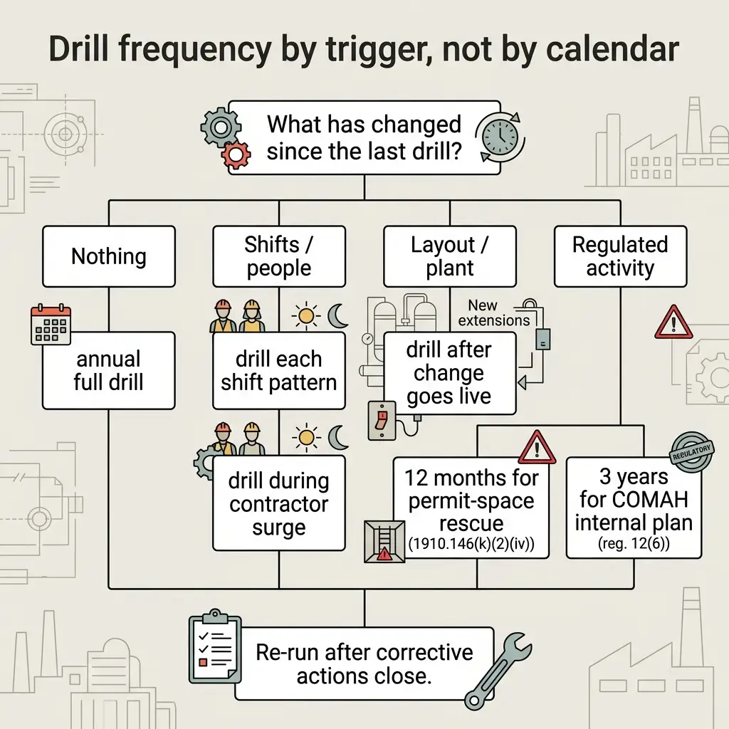 Flowchart showing drill frequency triggers based on operational changes rather than calendar dates, including shifts, layout changes, regulated activities, and corrective actions.