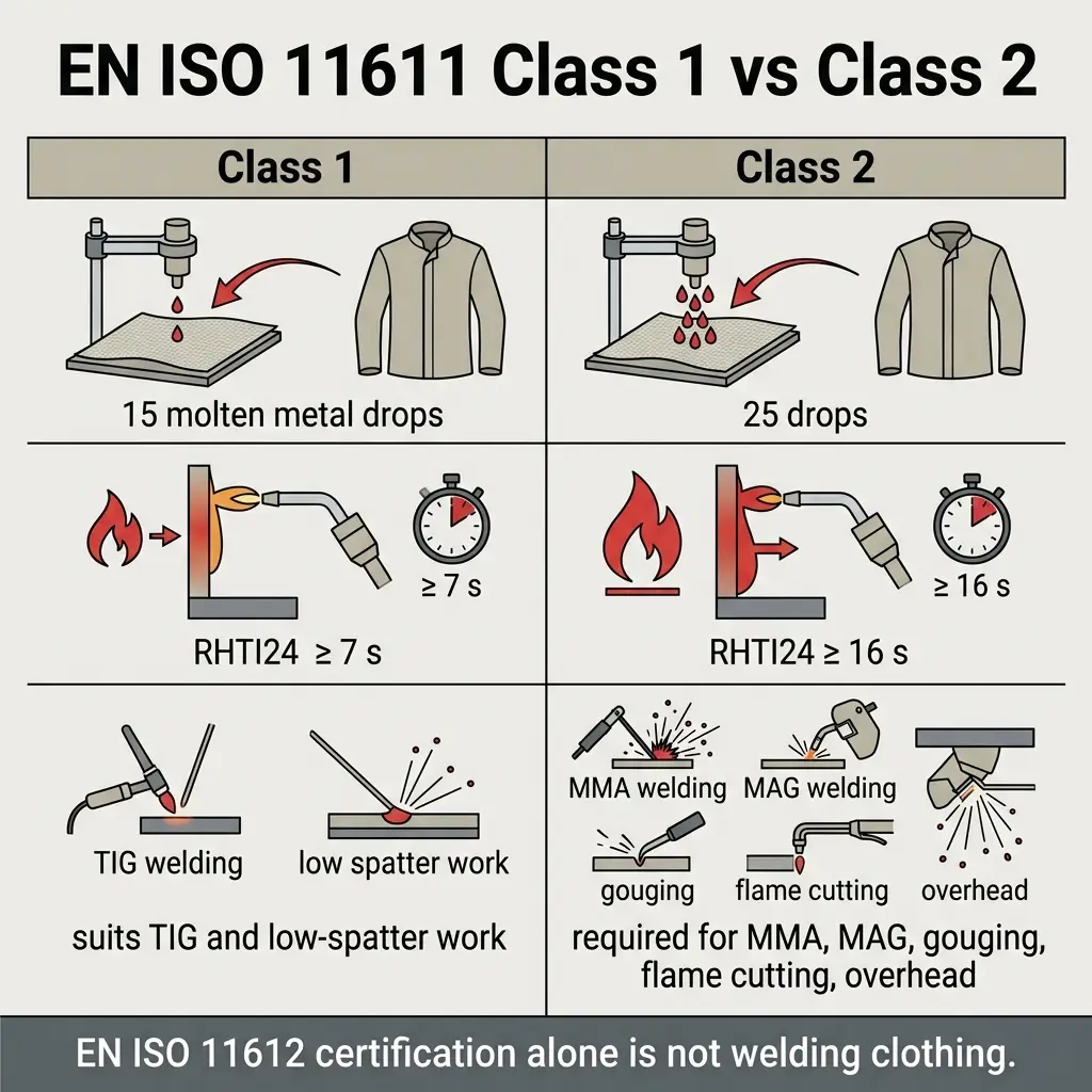 Comparison chart showing EN ISO 11611 Class 1 versus Class 2 welding clothing requirements, including molten metal drop tests, heat resistance times, and applicable welding processes for each class.