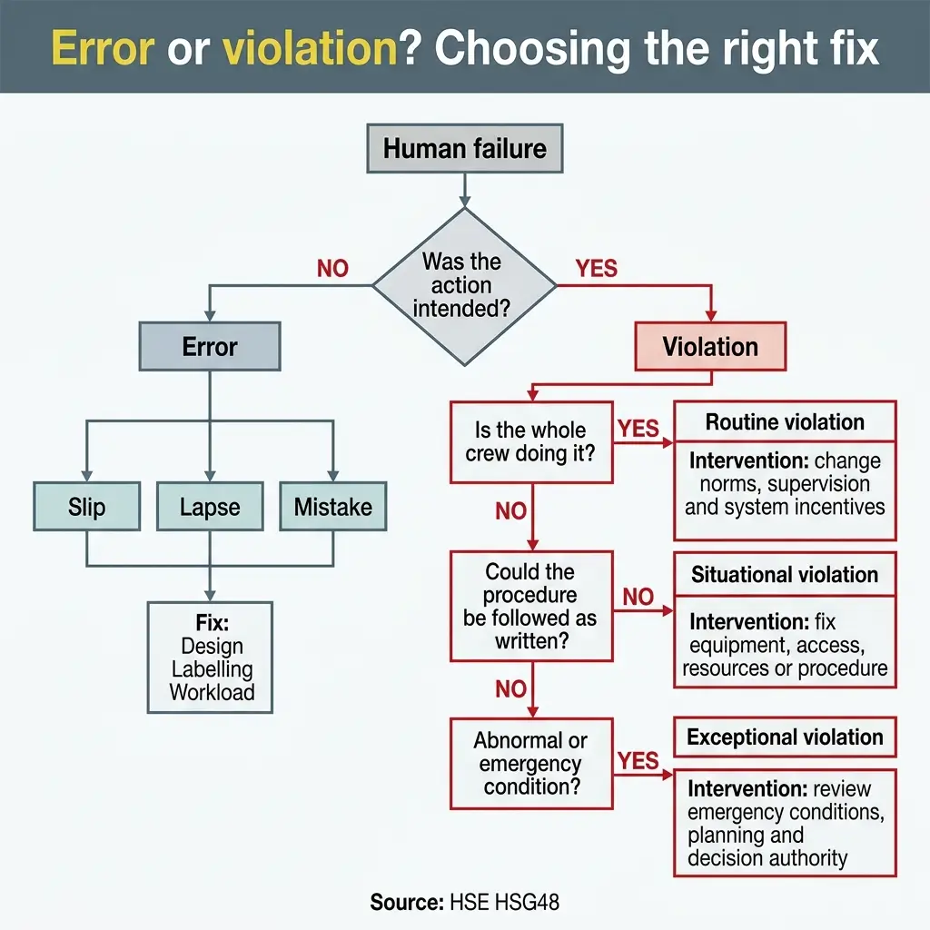 Flowchart decision tree for categorizing human failures as errors or violations, with intervention strategies for each type based on intent and procedural compliance.