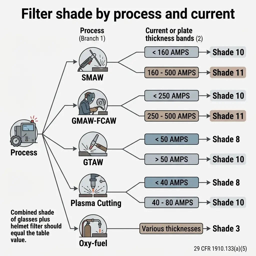 Flowchart showing welding filter shade recommendations based on process type and amperage, including SMAW, GMAW-FCAW, GTAW, plasma cutting, and oxy-fuel processes with corresponding shade numbers.