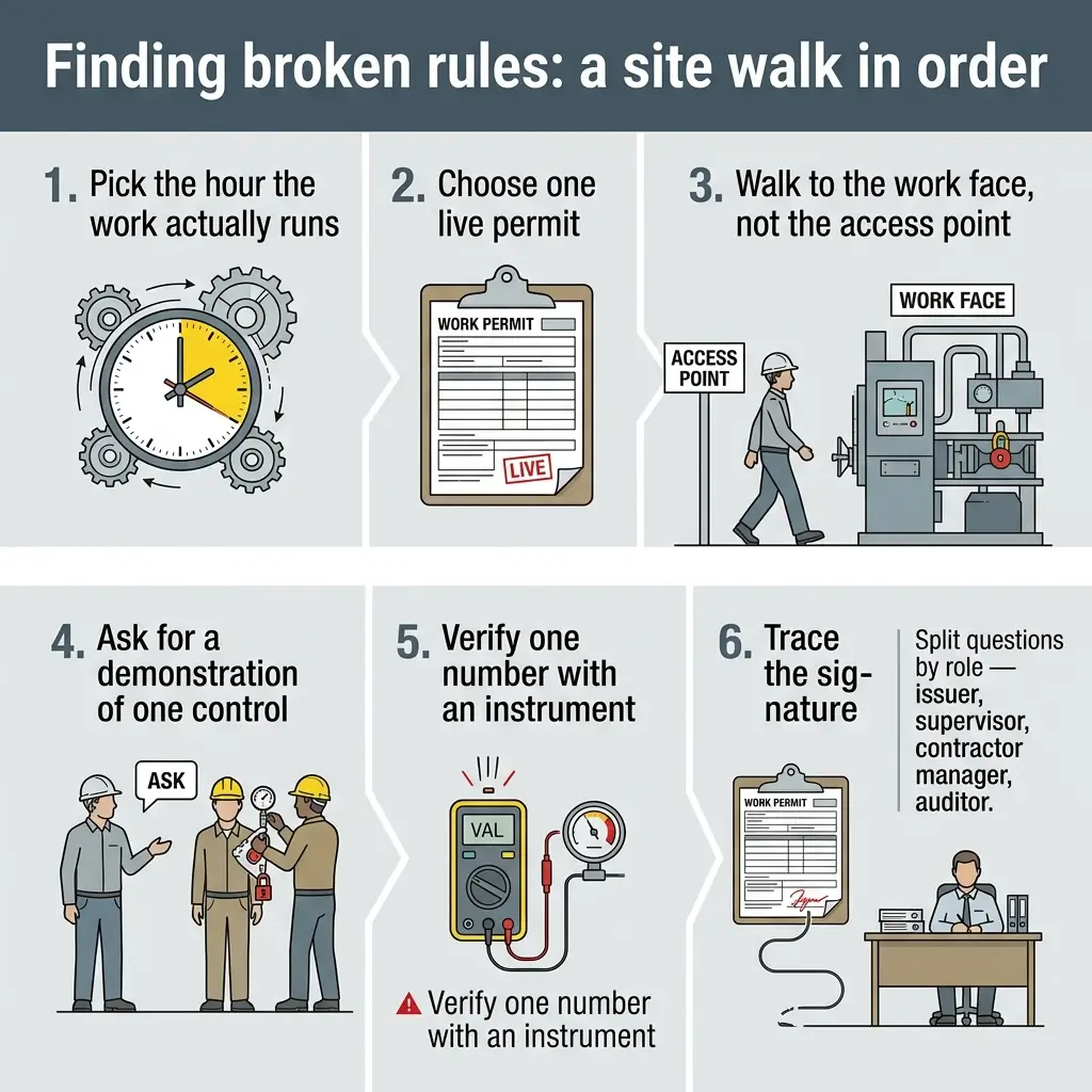 Six-step guide for conducting a site walk to identify broken safety rules, including timing work hours, obtaining permits, inspecting work areas, requesting control demonstrations, verifying measurements with instruments, and documenting signatures from relevant personnel.