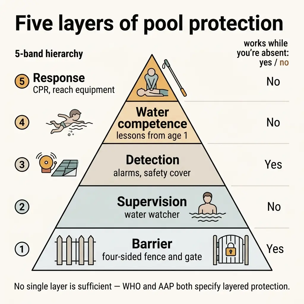 Pyramid diagram showing five layered pool safety measures from barrier fencing at the base through supervision, detection systems, water competence lessons, and CPR response at the top, with notes on which layers work while unsupervised.