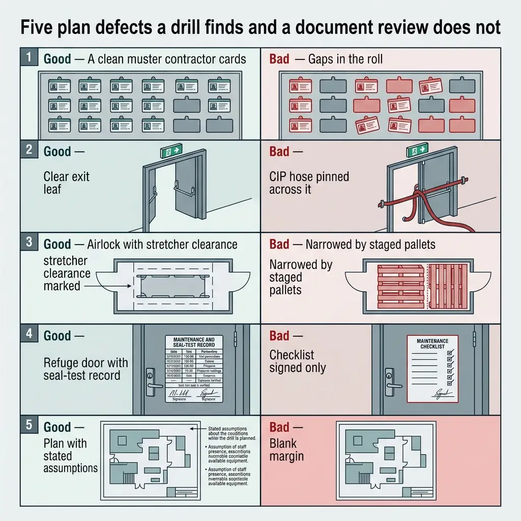 Infographic comparing five plan defects found in drills versus document reviews, showing good practices like clean contractor cards and clear exit leafs versus bad practices like gaps in rolls and narrowed aisles.