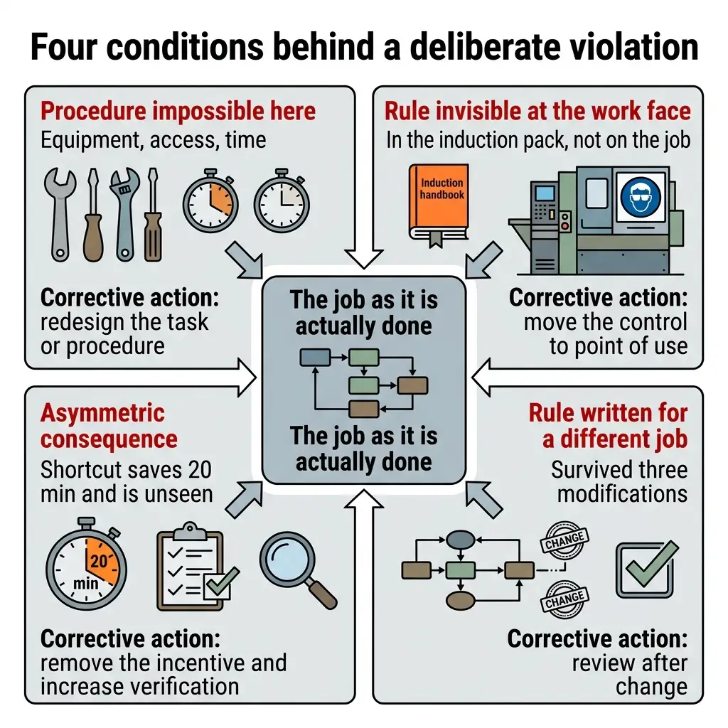 Diagram explaining four conditions that lead to deliberate workplace safety violations: impossible procedures, invisible rules, asymmetric consequences, and rules written for different jobs, with corrective actions for each.