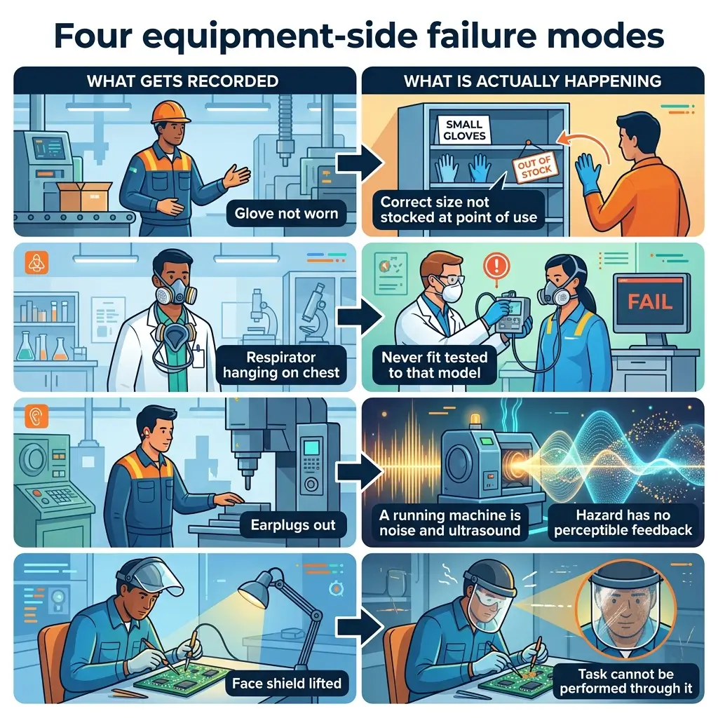 Infographic showing four equipment safety failures: gloves unavailable at point of use, respirators never fit-tested to specific models, earplugs providing no feedback during machinery operation, and face shields preventing task completion.