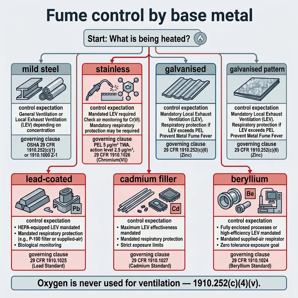 Flowchart showing fume control requirements for different base metals in welding, including mild steel, stainless steel, galvanized materials, lead-coated, cadmium filler, and beryllium, with specific ventilation and respiratory protection standards.