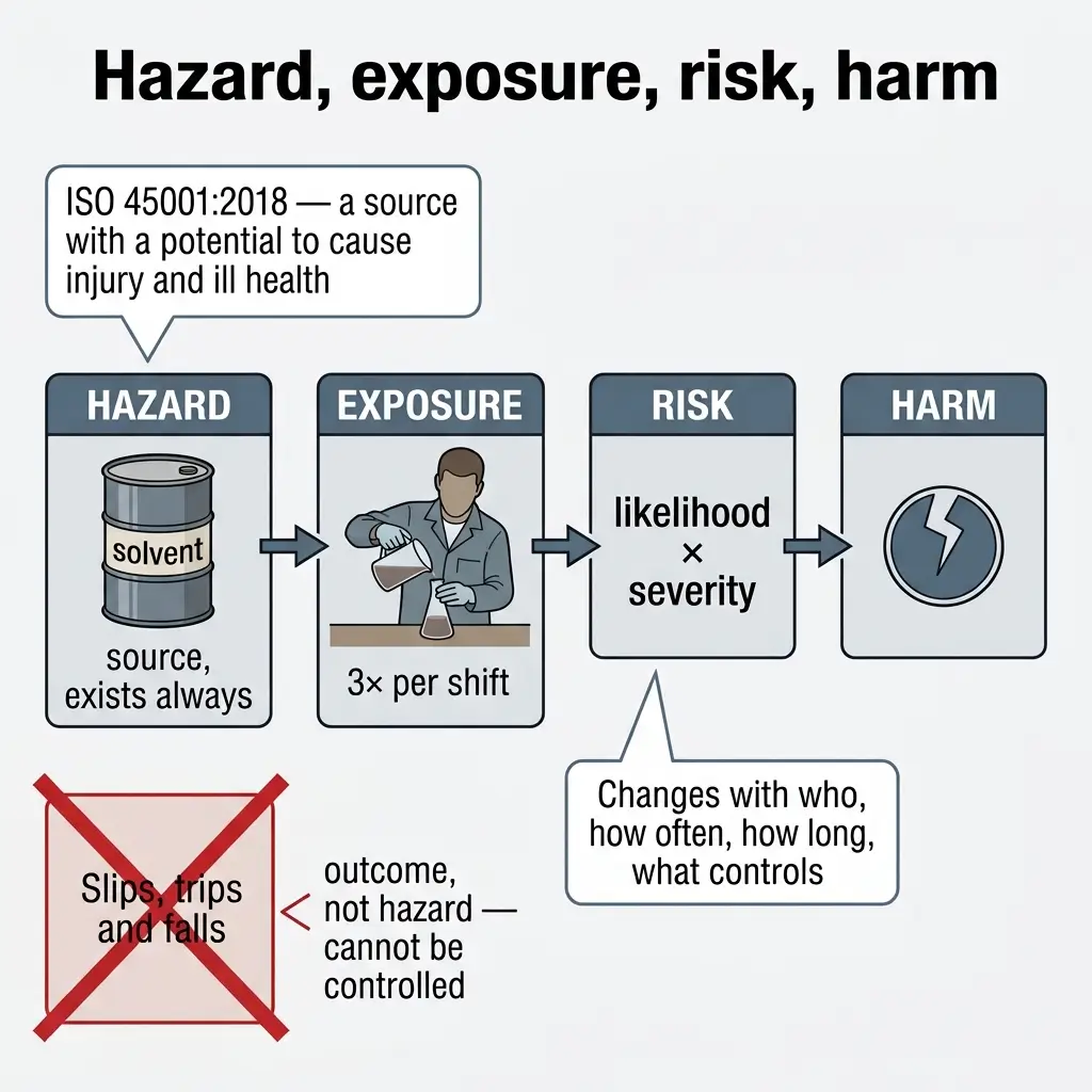 Diagram explaining the relationship between hazard, exposure, risk, and harm in occupational safety, showing how a solvent hazard leads to worker exposure and calculated risk based on likelihood and severity.
