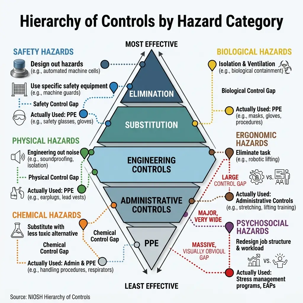 Pyramid chart showing the hierarchy of controls for managing workplace hazards, from elimination at top to PPE at bottom, with control gaps identified for safety, biological, physical, chemical, ergonomic, and psychosocial hazards.