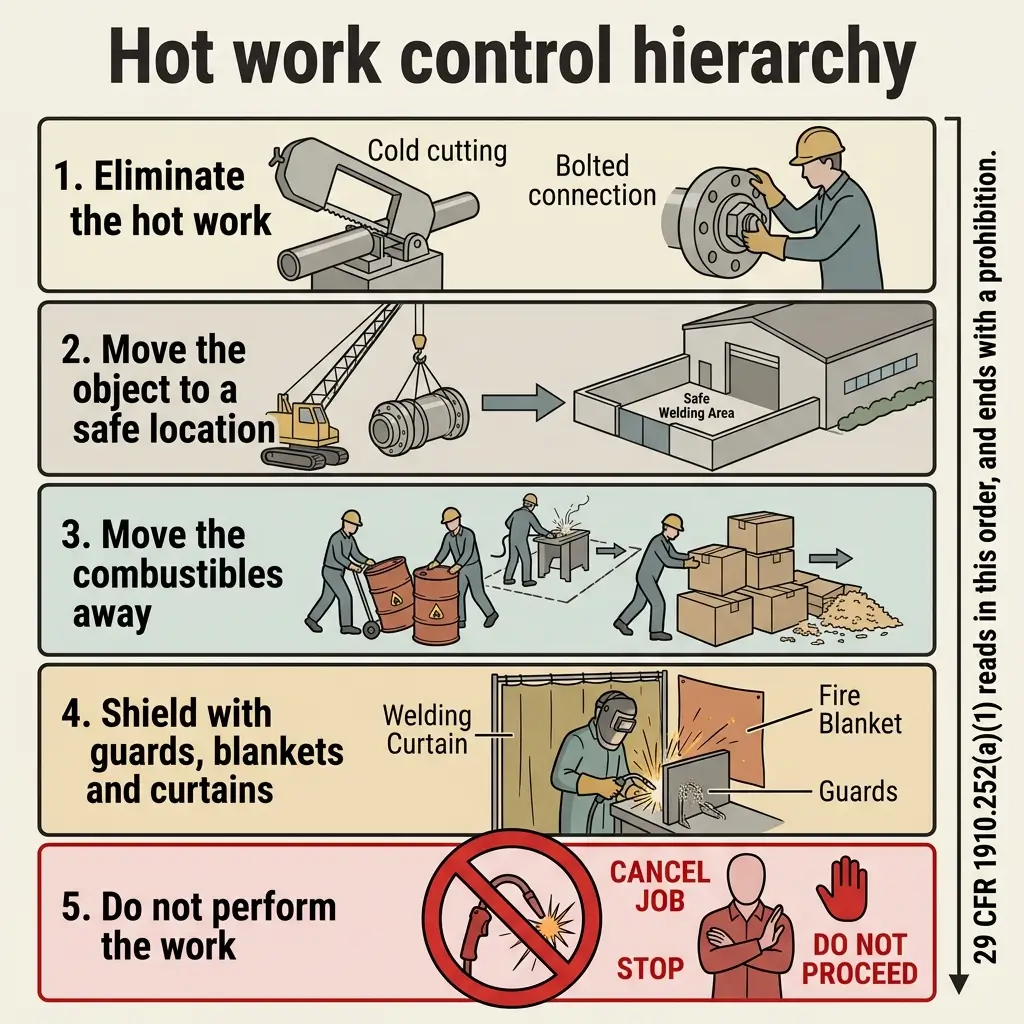 Infographic showing the hot work control hierarchy with five levels: eliminate the hot work, move the object to a safe location, move combustibles away, shield with guards and blankets, and do not perform the work as a last resort.