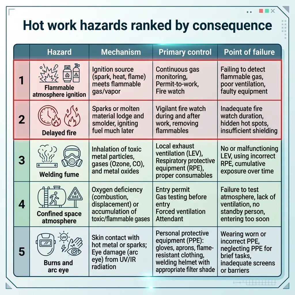 A ranked table of five hot work hazards showing their mechanisms, primary controls, and failure points, from flammable atmosphere ignition to burns and arc eye injuries.
