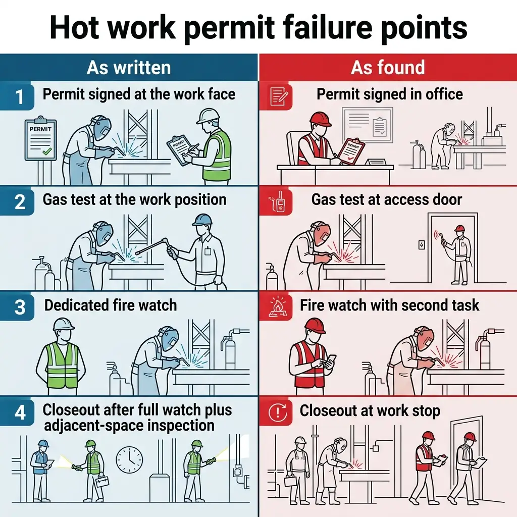 Comparison chart showing four common hot work permit failures: permit signed in office instead of workface, gas testing at access door rather than work position, fire watch assigned secondary tasks, and closeout procedures ending at work stop instead of after full inspection.
